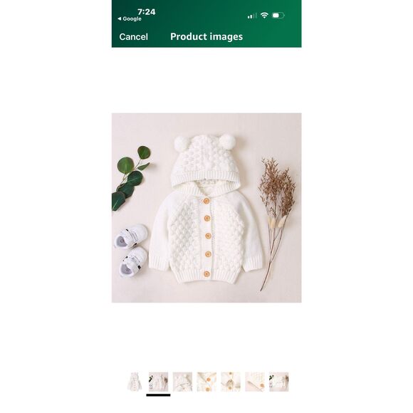 Baby Hooded Cardigan Sweater Pom Pom 6-12 mo Ivory Acrylic - Picture 1 of 6